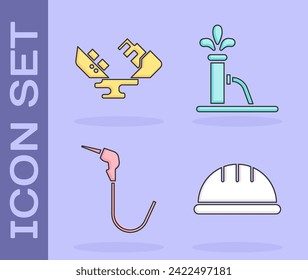 Set Worker safety helmet, Wrecked oil tanker ship, Gasoline pump nozzle and Oil pump or pump jack icon. Vector