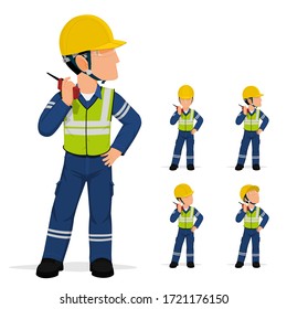 Set of worker is talking with the walkie-talkie.
