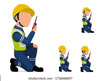 Set of worker is talking with the walkie-talkie.

