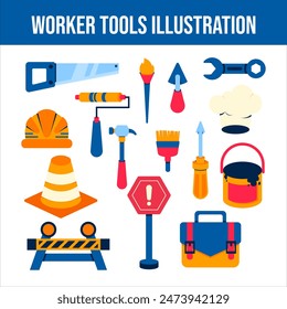 Set of worker tools vector flat illustration set