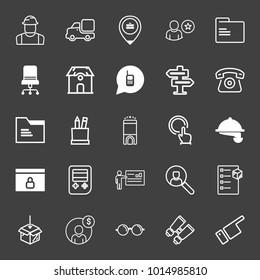 set of worker, truck, job location, favorite user, folder, chair, cellphone, direction, phone, office tool, hotel, double click, hotel service, locked folder, game, checklist, box, glasses vector icon