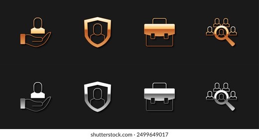 Set Worker, User protection, Briefcase and Magnifying glass for search job icon. Vector