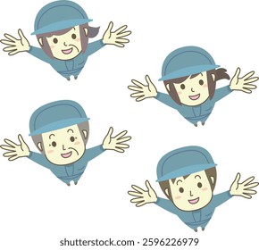 A set of workers of all ages, both male and female, looking up and cheering