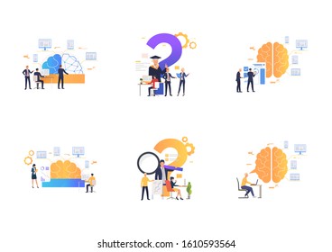 Set of workers analyzing efficiency. Flat vector illustrations of brain, devices, infographics. Efficiency concept for banner, website design or landing web page