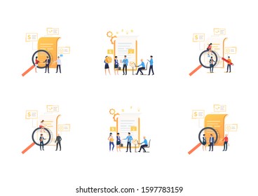 Set of workers analyzing financial reports. Flat vector illustrations of tiny people near documents. Business concept for banner, website design or landing web page