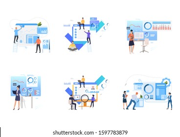 Set of workers analyzing graphs and doing notes. Flat vector illustrations of statistics, taskboard, finance. Business process concept for banner, website design or landing web page