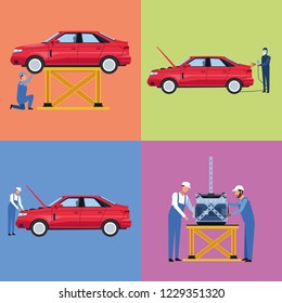 Set of workers car factory