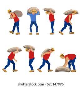 Set of workers carrying sacks in various poses. Vector illustrations.