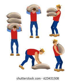 Set of workers carrying sacks in various poses. Vector illustrations.