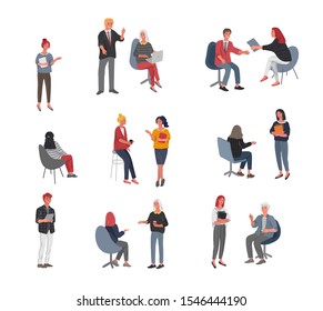 Set of workers communicate or talk with a client or talk between teamwork or meeting, brainstorm. Successful business of young trendy people. Vector cartoon concept illustration.