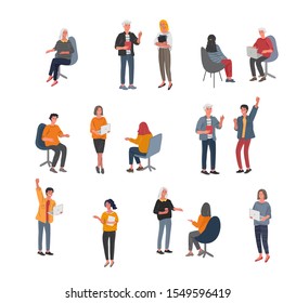 Set of workers communicate or talk with a client or talk between teamwork or meeting, brainstorm. Successful business of young trendy people. Vector cartoon concept illustration.