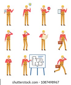 Set of workers, couriers or mechanics in overalls. Cheerful worker holding document, stop sign, reading book, talking on phone and showing other actions. Flat design vector illustration