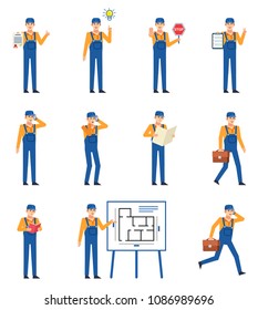 Set of workers, couriers or mechanics showing various actions. Cheerful worker holding document, stop sign, reading book, talking on phone and showing other actions. Flat design vector illustration