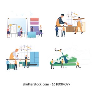 Set of workers crafting and designing products. Flat vector illustrations of people manufacturing goods. Crafting, manufacturing concept for banner, website design or landing web page