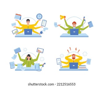 Set of Workers Deadline, Stress, Multitasking and Time Management Productivity Concept. Busy Business People With Many Arms Sit At Laptop In Office Doing Many Tasks. Cartoon Vector Illustration