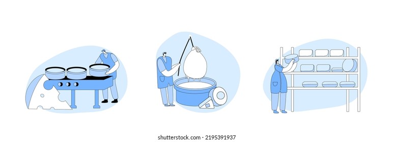 Set Workers Decant Dairy Mass in Professional Factory Equipment and Put into Special Round Forms for Making Cheese Blocks. Different Types of Cheese Lying on Shelves Cartoon People Vector Illustration