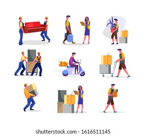 Set of workers delivering packages and objects. Flat vector illustrations of people receiving orders. Delivery services concept for banner, website design or landing web page