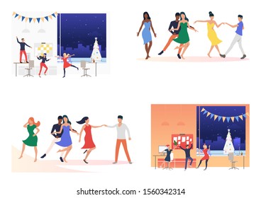 Set of workers having fun at corporate party. Flat vector illustrations of people dancing and celebrating. Corporate party concept for banner, website design, landing web page