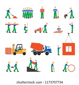 Set of workers icons on building flat style.