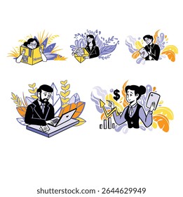 Set of workers with laptop blooming color Flat style vector