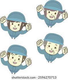 Set of workers looking up and posing their fists