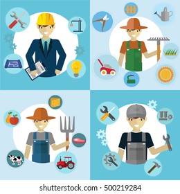 Set of workers, Mechanic Gardener Construction Worker and Farmer.