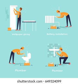 Set of workers, plumber, wallpaper gluing, battery replacement. Flat design vector illustration.