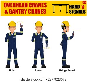 Set of workers present Overhead cranes hand signal on white background