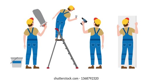 Set Workers put plaster on a stepladder, with a screwdriver, installing gypsum plasterboard panels. Vector illustration, isolated. Construction industry, repair, new home, building interior