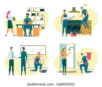 Set of Workers Setup Different Equipment for Home and Office. Servicemen Set Up Range Hood for Oven on Kitchen, Fixing Pipes in Bathroom and Household Appliances. Cartoon Flat Vector Illustration.