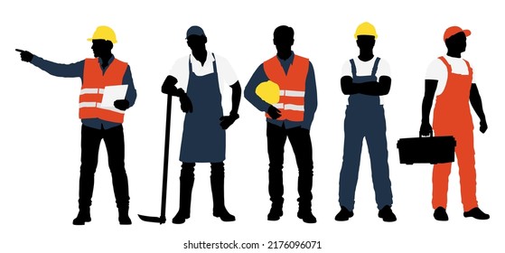 Set of workers silhouettes isolated on white. Florist, plumber, construction worker, builder. - Shutterstock ID 2176096071