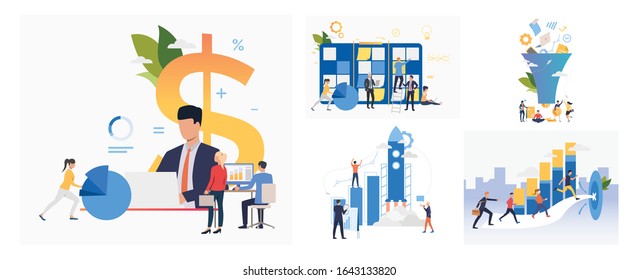 Set Of Workers Sticking Notes On Kanban Board, Constructing Financial Growth Chart. Flat Vector Illustrations Of Planning Startup. Business Concept For Banner, Website Design Or Landing Web Page