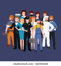 set workers team, profession people uniform, cartoon vector illustration