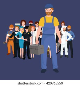 set workers team, profession people uniform, cartoon vector illustration