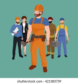 set workers team, profession people uniform, cartoon vector illustration