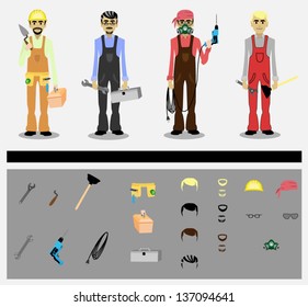 set of workers with tools