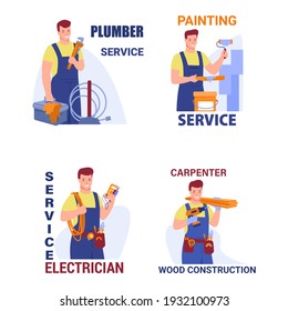 Set of workers of various construction, repair professions. Painter, electrician, carpenter, plumber. Vector illustration in flat cartoon style.