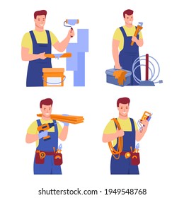 Conjunto de trabajadores de diversas profesiones de construcción y reparación. Pintor, electricista, carpintero, plomero. Ilustración vectorial al estilo de las caricaturas planas.