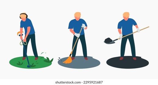 Arbeiter-Set in Vektorgrafik. Janitor, Rasenmäher, Gärtner im flachen Stil.