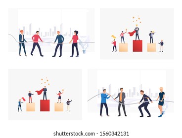 Set of workers winning awards. Flat vector illustrations of colleagues rewarding. Teamwork concept for banner, website design or landing web page