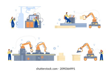 Conjunto de trabajadores que trabajan en equipos robóticos industriales avanzados en fábricas inteligentes o almacenes automatizados, ilustración vectorial plana aislada en fondo blanco.