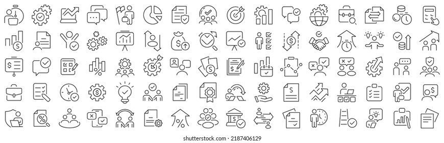 Set of workflow and audit line icons. Collection of black linear icons