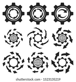 Set of workflow business concept icon. Abstract gear and arrows emblem. 