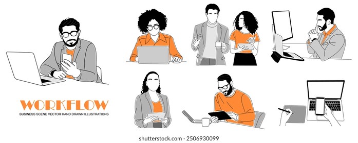 Set of Workflow Business scene vector outline illustrations isolated on white background. Collection of men, women, working on laptop, talking, thinking, discussing.