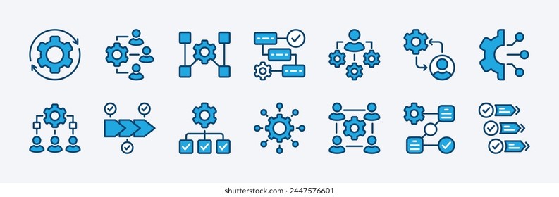 Satz von Workflow-Symbol-Vektorgrafik. Enthält Hierarchie, Mechanismus, Manager, Zusammenarbeit, Organisation, Aktivität, Vorgang, Verfahren, Planung, Prozess, Systempfeil, Produktivität, Fortschritt, Strategie