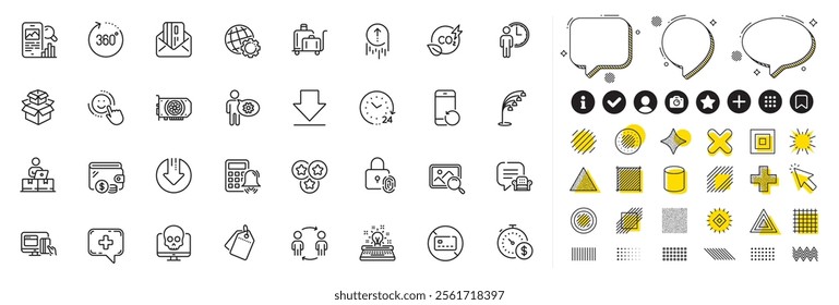 Set of Workflow, No card and Typewriter line icons for web app. Design elements, Social media icons. 24 hours, Luggage trolley, Sale tags icons. Online payment, Last minute, 360 degrees signs. Vector