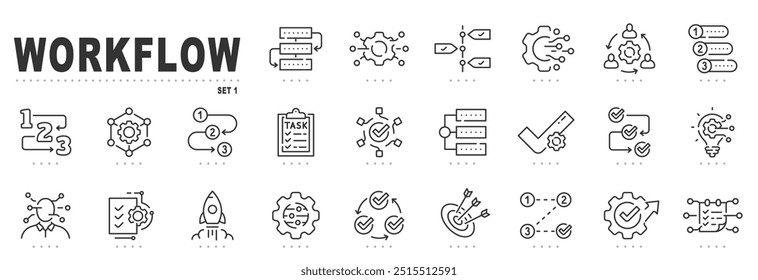 Conjunto de ícones de linha relacionados ao fluxo de trabalho. Processo, estrutura, estratégia, operação etc. Traçado editável