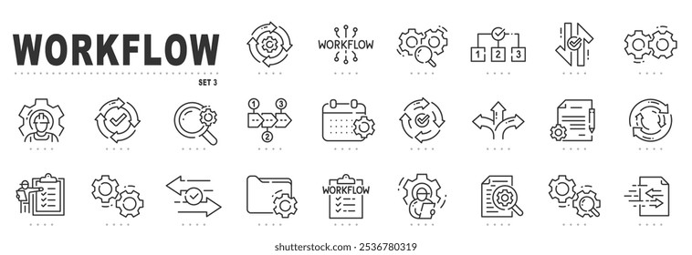 Set of workflow related line icons. Process, structure, strategy, operation etc. Editable stroke. Set 3