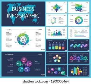 Set of workflow and strategy concept infographic charts. Business diagrams for presentation slide templates. For corporate report, advertising, banner and brochure design.