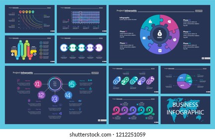 Set of workflow and strategy concept infographic charts. Business diagrams for presentation slide templates. For corporate report, advertising, banner and brochure design.